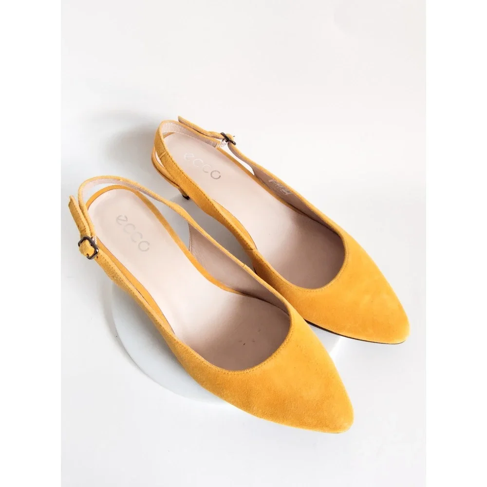 New Ecco Pumps 10 Slingback Kitten Heel Mustard Yellow Suede Pointed Toe Shoes